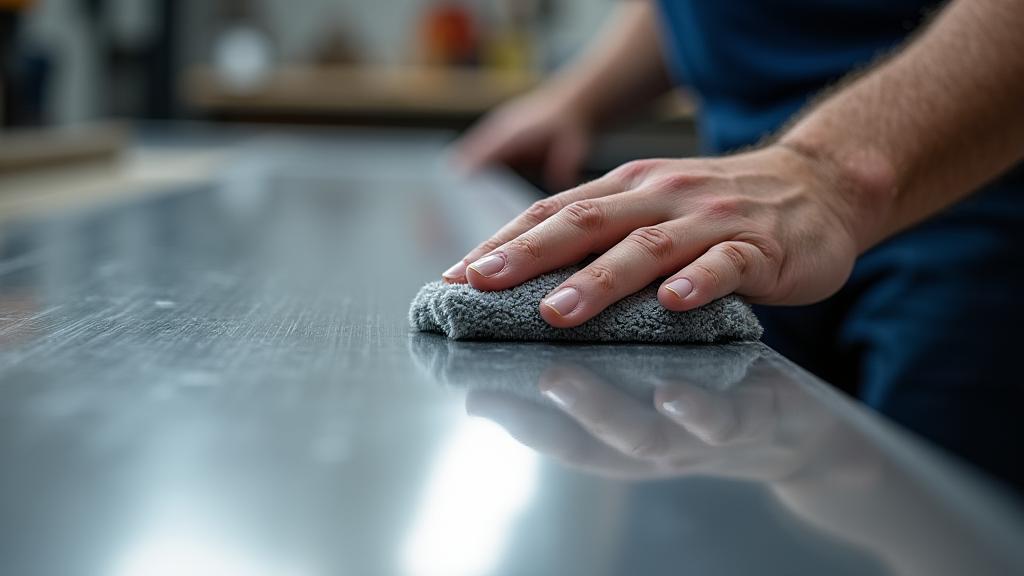 Worker meticulously polishing a metal surface to a high-gloss finish.